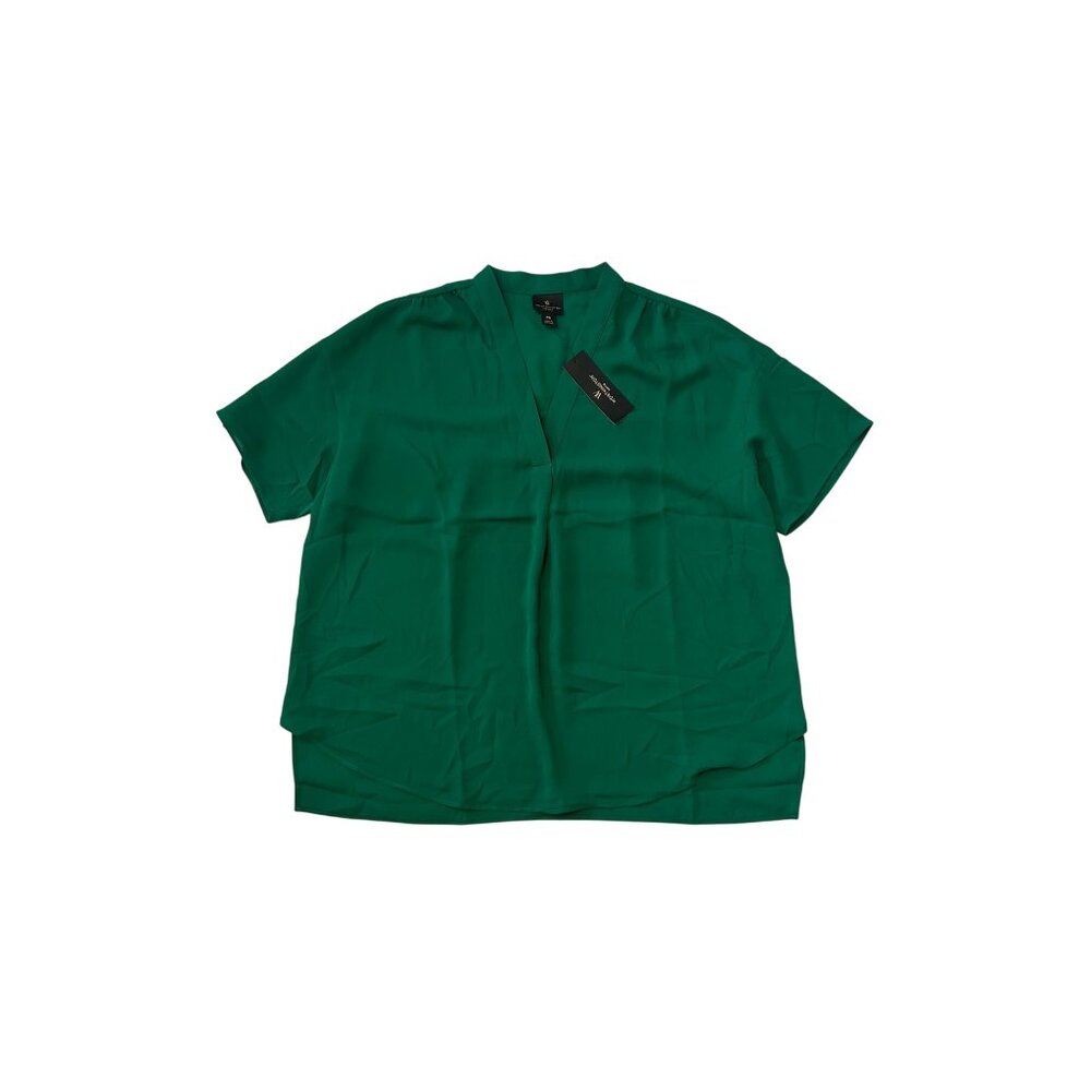 NWT Worthington Petite Womens Luxe Green Short Sleeve V-Neck Blouse Size PS 1770
